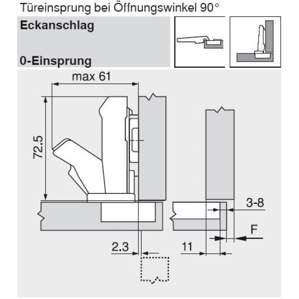 CLIP top Weitwinkelscharnier für 0-Einsprung 155°, Eckanschlag, ohne Feder, Topf: INSERTA, onyxschwarz, 70T7590.TL